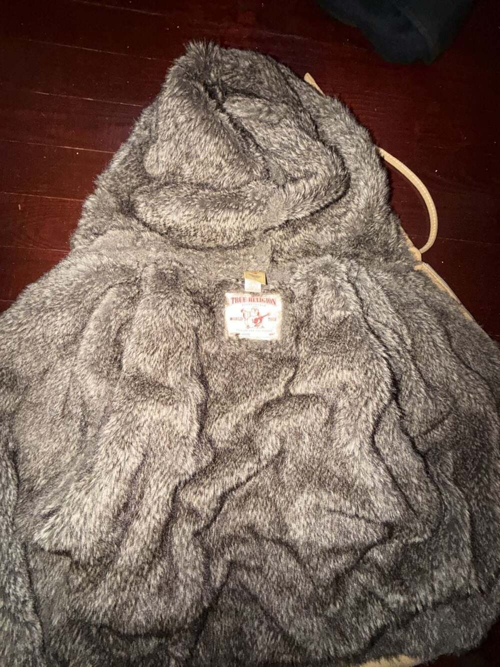 True Religion Brand Jeans Faux Fur Lined Tan Zip Up Hoodie Jacket